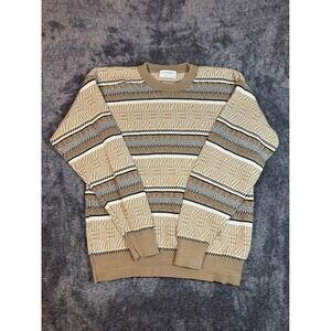 Tricots St Raphael Mens XL Sweater Geometric Pattern Tan Brown Knit Made USA